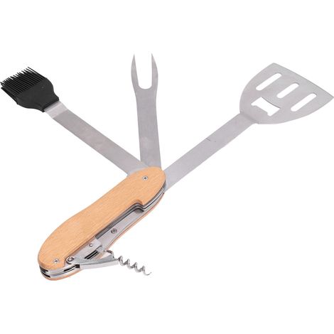 Ensemble d'ustensiles de barbecue 5 en 1 multifonctions, pliables et portables : spatule, brosse, fourchette, ouvre-bouteille, acier inoxydable. (1/5)