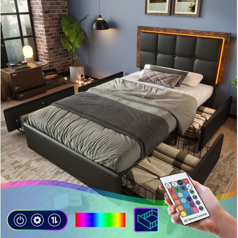 Cama tapizada 90/200 cm negra de piel sintética con LED, 4 cajones y cabecero regulable (1/5)