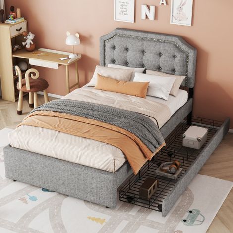 Cama infantil 90x200 cm, cama individual con cajones y remaches decorativos, tejido de lino, gris, sin colchón (1/5)