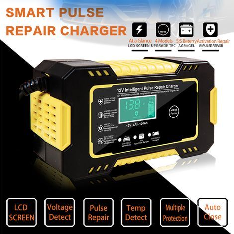 Chargeur de batterie de voiture, 12 V 6 A, chargeur automatique intelligent avec écran LCD, réparation d'impulsions pour voiture, tondeuse à gazon, moto, bateau, SUV, cellule gel AGM, acide de plomb. (1/5)