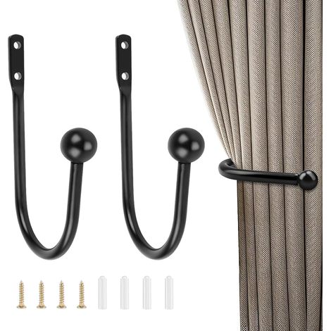 2 Pièces Embrasse Rideau,Crochet Métal Forme U,Fixation Murale Avec Vis,Fenêtre Douche Voilage,Noir (1/5)