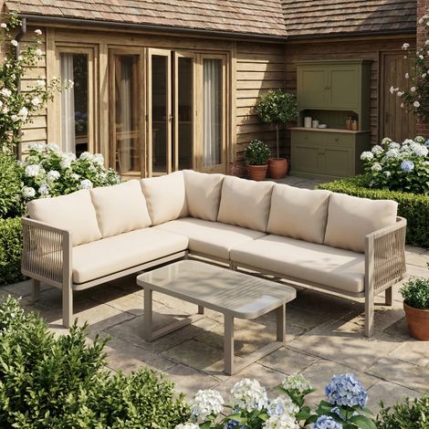 6-sitzige Gartenlounge-Garnitur, Eckform, verzinkter Stahl, Glastischplatte, Teslin-Kordelgeflecht, Khaki
