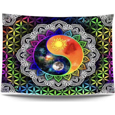 Mandala Soleil Lune Yin Yang - Tapisserie décorative phosphorescente magique et psychédélique - Fond mural lumineux pour soirées fluo - 200 x 150 cm - Réactif aux lampes UV - Grande tapisserie murale (1/5)