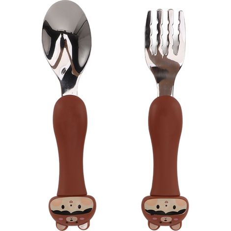 Fourchette pour bébé, cuillère mignonne en forme de dessin animé, manche en PP, vaisselle en acier inoxydable pour l'apprentissage de l'alimentation des enfants, ours en peluche