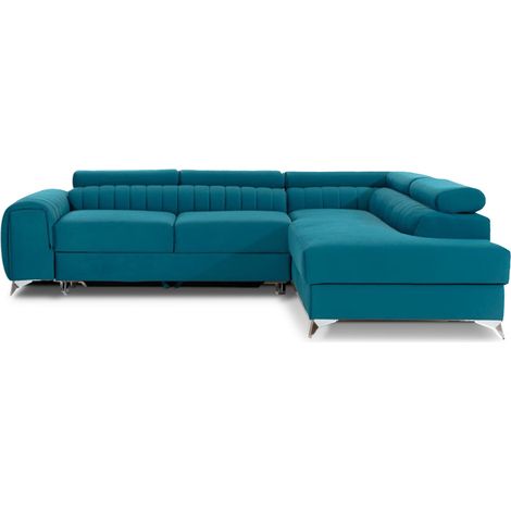Canapé d'angle convertible velours appuis-tête réglables LOZA - Coffre et pieds acier chromé angle droit-Bleu canard-angle droit (1/5)