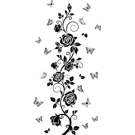 Stickers Muraux Roses Noires et Papillons Décoration Murale Fleurie Vigne de Fleurs Silhouette Moderne Autocollant Mural Art Mural pour Salon Chambre et Couloir (1/5)
