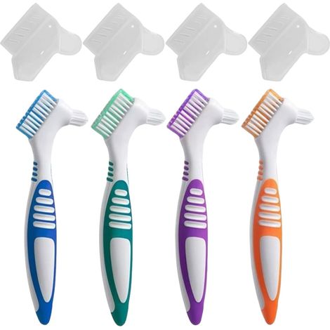 4 PCS Denture Toothbrushes, Denture Cleaning Brushes, Mini Toothbrush, Double Angle Brush Head, Portable Ergonomic Denture Cleaning Brush (1/5)