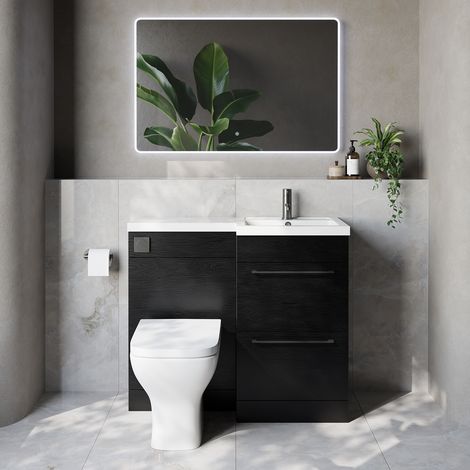 Napoli 390 Nero Oak 1000mm 2 Drawer Vanity Unit Toilet Suite with Right Hand Square Lucia Basin - 1000mm - Gunmetal Grey 320mm HandleWith Kingston Toilet Pan and Seat