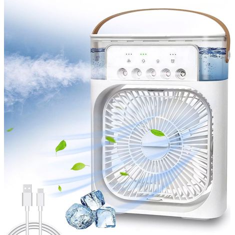 Ventilateur USB C Mini Climatiseur de Table avec Vaporisateur D'eau, Diffuseur D'odeurs, Minuterie Arrêt Automatique, Pivotant, LED 7 Couleurs, Silencieux Portable, Maison, Bureau, Camping