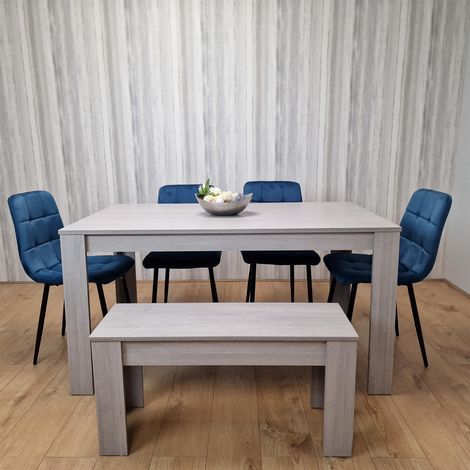 Dining Table and 4 Chairs With bench Grey 4 Blue Velvet Chairs Wood Dining Set Furniture (1/5)