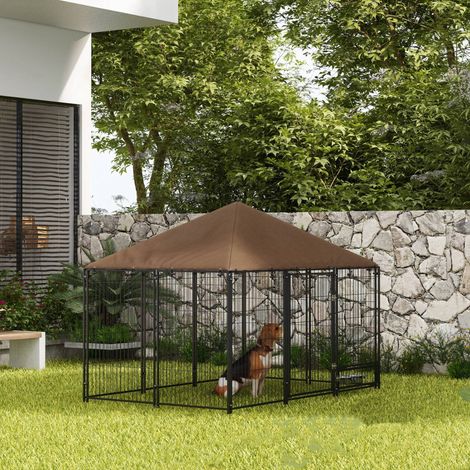 Hundehütte für den Außenbereich aus Stahl und Oxford-Gewebe mit Futternapfständer und wetterfestem Dach. Großzügiges Design.