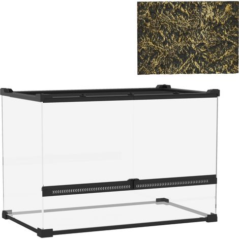 Territoire pour les reptiles. Environnement de stockage de 48 litres, avec une ventilation avant. Paroi en pierre à l’arrière. Fermoir rotatif. Dimensions : 50 x 30 x 35 cm. Couleur : noir. (1/5)