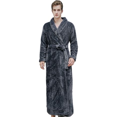 1 peignoir homme, long, en polaire douce, avec capuche double épaisseur, ceinture à nouer fixe, poches spacieuses, pour intérieur et extérieur (1/5)