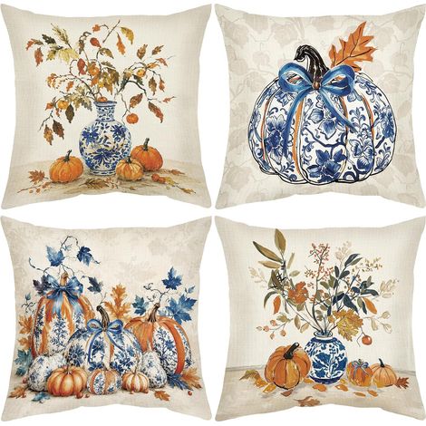 Lot de 4 housses de coussin bleues et blanches (45 x 45 cm) ornées de citrouilles orange et de vases fleuris, pour une décoration automnale de canapé (1/5)