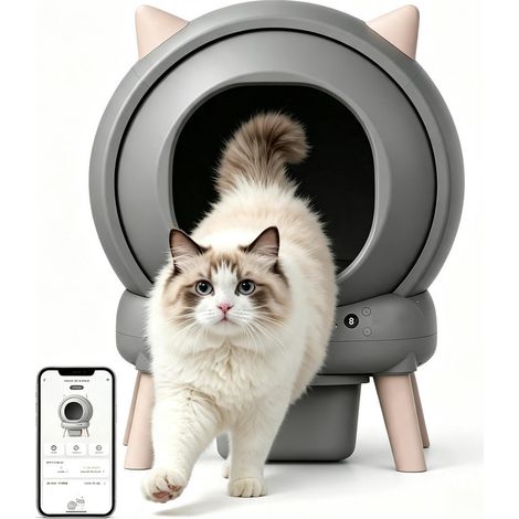 Litière Chat Autonettoyante - Bac à Litière Automatique - Design Capsule Spatiale avec Écran Numérique et Bac à Déchets - pour Multi-Chats - 57,5 x 58,5 x 33,5 cm - Gris