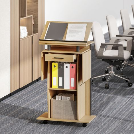 Rollbarer Podiumsständer, Redepult mit klappbaren Seitenflügeln, Laptop-Tisch mit Schublade und Regalen, Eichenoptik