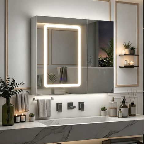 JOOKGBD–Armadio da bagno con specchio LED,sbrinatore,3 temperature di luce,dimmerabile,comando tattile,ripiani regolabili,metallo,70x60cm