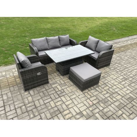 Fimous 7 Seater Outdoor Rattan Furniture Garden Dining Set Patio Height Adjustable Rising lifting Table with 3 Seater Sofa Reclining Chair Love Sofa Dark Grey Mixed (1/5)