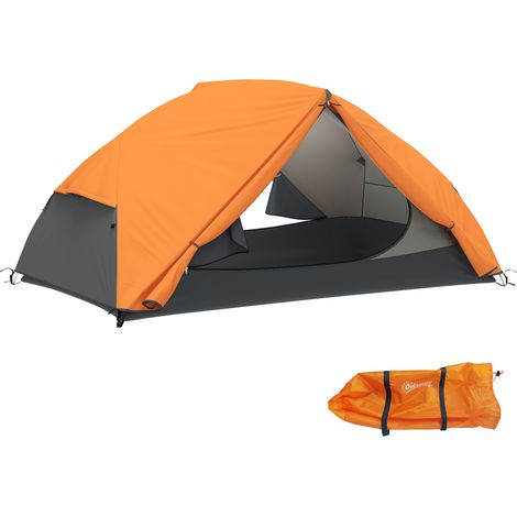Tienda de campaña para 2 personas con 2 vestíbulos, tipo cúpula, impermeable, con 2 puertas, 2 ventanas de malla, bolsillos internos y bolsa de transporte para senderismo, 280x225x110 cm, color naranj