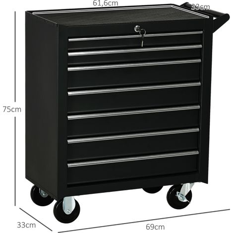 Chariot de rangement atelier, 2 tiroirs compacts et 5 tiroirs larges, structure acier robuste, charge max 150 kg, dimensions 69x33x75 cm, finition noire, meuble d'établi mobile (1/5)