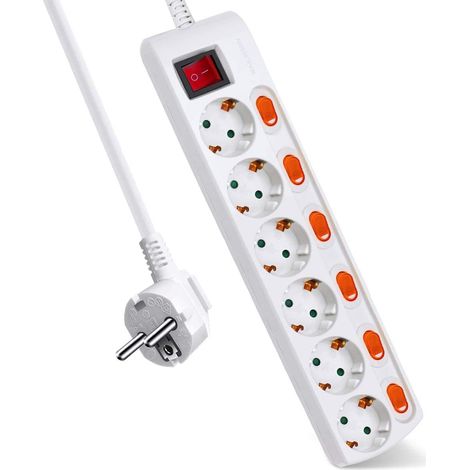 Multiprise avec 6 prises + 6 interrupteurs individuels, 1 interrupteur principal, 3680 W, 250 V, 1,5 m, blanc, 1 pièce (1/5)