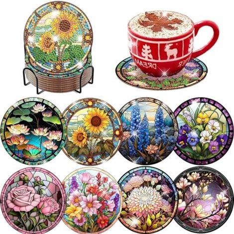 Sous-Verres Peinture Diamant - Kit DIY 8 Pièces Avec Liège Outils Et Strass - Loisir Créatif Décoration Maison (1/5)