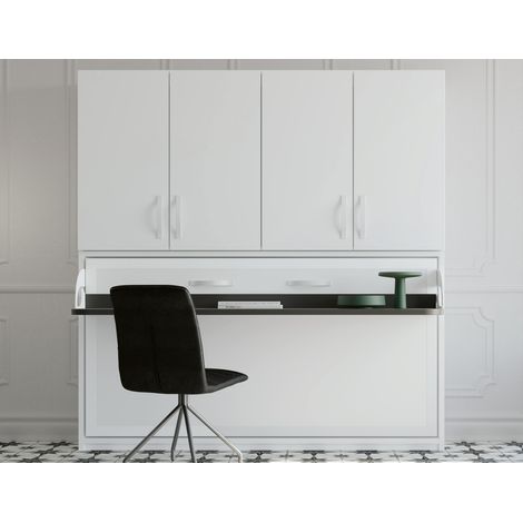 Lit escamotable horizontal 90x180 cm avec bureau et demi-dressing Spako - Haut de gamme - Matelas Matelas mousse 18 cm - Couleur Chêne 3D - Dimensions Profondeur 34,5 cm (1/5)