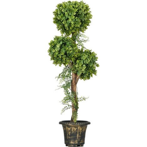 Buis artificiel 3 boules avec pot ciment, hauteur 115 cm - plante intérieure et extérieure, décoration verte réaliste (1/5)