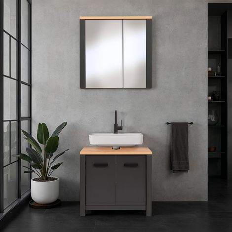 Meuble sous lavabo 2 portes + armoire de toilette anthracite et chêne (1/5)