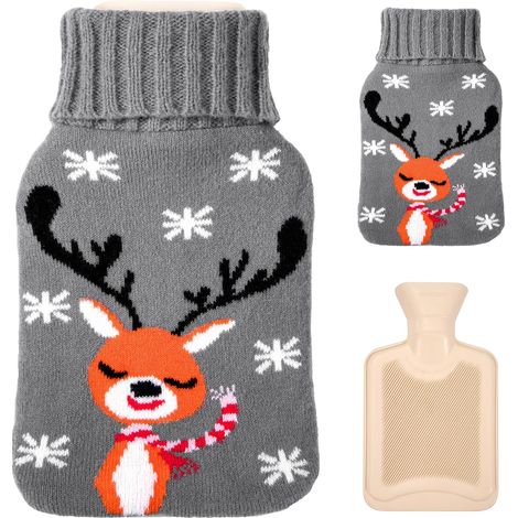 Bouillotte 800ML Bouteille Caoutchouc avec Housse Tricotée Motif de Cerf et Flocon de Neige pour Réchauffer Mains, Pieds, Soulager les Douleurs du Cou et des Épaules (Gris) (1/5)