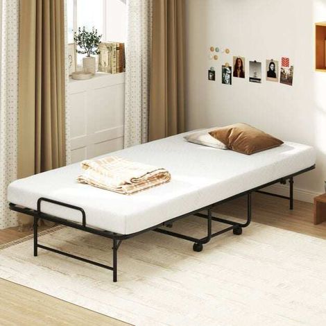 Lit d'appoint pliant avec cadre métallique renforcé, matelas 10 cm et roulettes silencieuses pour chambre d'amis (1/5)