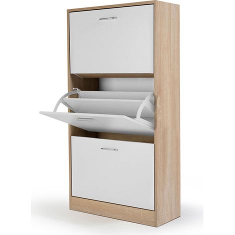 Idmarket – Meuble à chaussures 18 paires – Imitation hêtre – 3 portes blanches – Dimensions 60x24x113 cm – Rangement optimisé pour couloir (1/7)