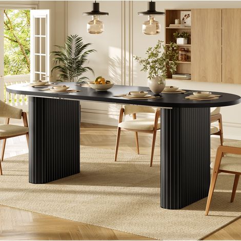 Table à manger extensible 120-160 cm ovale pour salle à manger, structure stable, MDF et métal noir (1/5)
