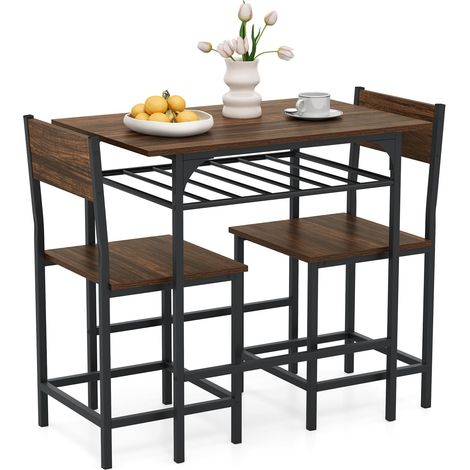 COSTWAY Dining Table Set for 2 3-Piece Wood Rectangular Table & Chair Set w/ Metal Frame Coffee (1/5)