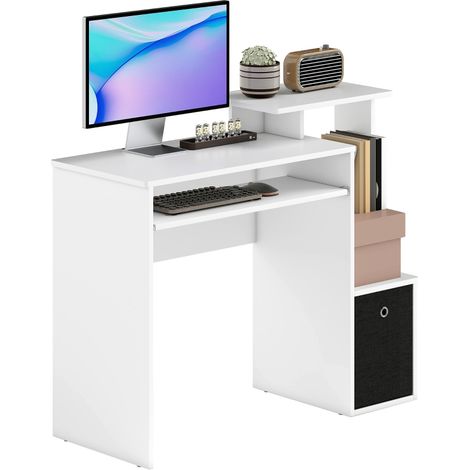 Étagère multimédia noire pour bureau informatique avec tablette et clavier en panneaux de particules blancs (1/5)