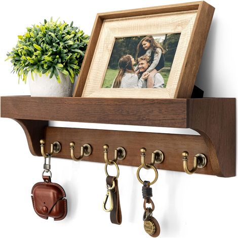 Wandmontierter Schlüsselhalter im Landhausstil - Dekorativer Briefablage-Organizer aus Holz mit 5 rustikalen Haken und einem schwebenden Regal für die Dekoration von Wohnräumen, Fluren, Eingangsbereic (1/5)