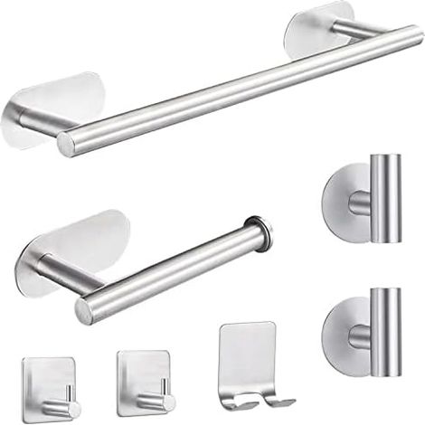 Bathroom Towel Bar Set, 7 Piece No Drilling Bathroom Accessory Set, Stainless Steel Bathroom Towel Bar, Contains Adhesive Towel Bar (1/5)
