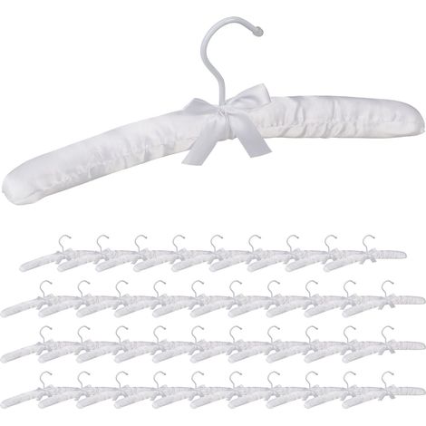 40 x Kleiderbügel Satin, weich gepolstert, 360° drehbarer Haken, dekorative Schleife, Satinbügel, 38 cm breit, weiß