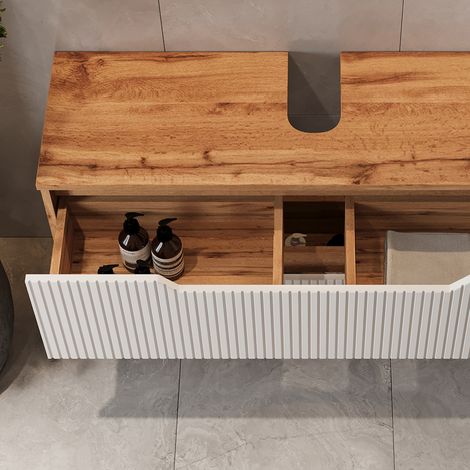 Mueble bajo lavabo Lotta, Roble/rayas blancas, 99.4 x 62.5 cm con 2 cajones, Vicco (1/5)