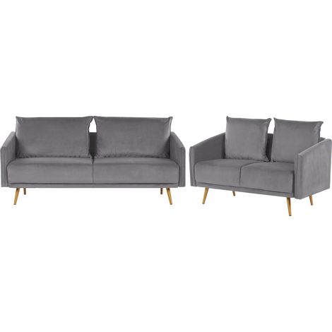 Conjunto de sofás tapizados en terciopelo gris 5 plazas respaldo acolchado asiento metal patas doradas retro glam Maura