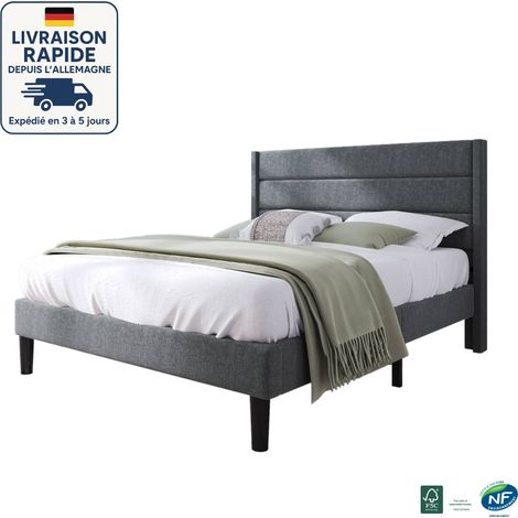 MODFU - Letto per adulti 140x200cm, letto matrimoniale imbottito, rete a doghe, materasso incluso, lino, grigio (1/5)