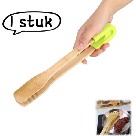 pièce - Pinces de cuisine - Pinces alimentaires en bambou, pinces à pain et à barbecue - Pinces pour buffet, pinces alimentaires en silicone - Ustensiles de cuisine, pinces en bambou - Vert (1/5)