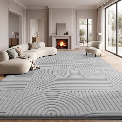 Tapis pour salon 160x230cm, tapis 3D gris clair avec design circulaire, tapis à poils courts et pelucheux lavable, tapis antidérapant pour chambre à coucher, salle à manger, cuisine (1/5)