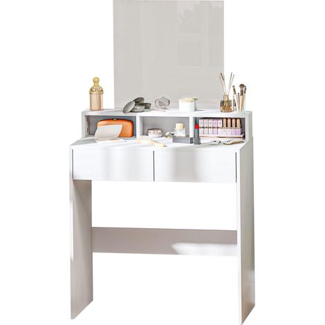 Coiffeuse avec miroir, table de maquillage avec 2 tiroirs et 3 compartiments, style moderne, 75 x 38 x 135 cm, blanc (1/5)
