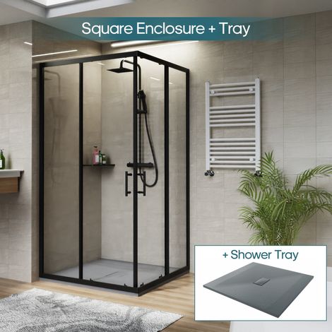 NRG Square Black Sliding Doors Corner Entry Shower Enclosure Bathroom Cubicle 1000 x 1000mm & Anthracite Shower Tray (1/5)