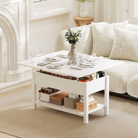 Table basse relevable et extensible table de salon avec compartiment caché étagère ouverte 100x45x50,5cm blanc (1/5)