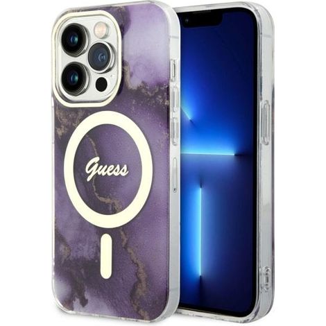 Funda rígida Guess GUHMP14LHTMRSU para iPhone 14 Pro de 6.1 pulgadas, color morado/morado, con diseño de mármol dorado y MagSafe. (1/5)