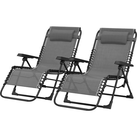 Set aus 2 verstellbaren, klappbaren Sonnenliegen aus grauem Textilene mit Kopfstütze, 90 x 65 x 112 cm