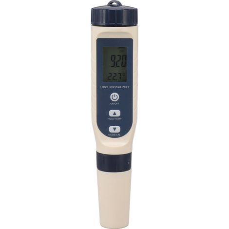 5-Funktions-Wasserqualitätstester (TDS, EC, pH-Wert, Temperatur, Salzgehalt), wasserdicht gemäß Schutzart IP65, Multifunktions-Wasserzähler mit großem HD-Display und Hintergrundbeleuchtung (1/5)