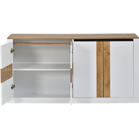 Buffet LED 140 x 35 x 70 cm MDF blanc brillant et chêne, 4 portes (1/5)
